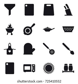 16 vector icon set : funnel, cutting board, stands for knives, bbq, pan, kolander, apron, cook glove, skimmer, big spoon