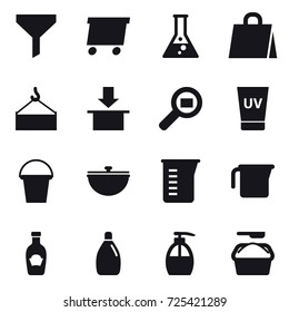 16 vector icon set : funnel, delivery, flask, shopping bag, uv cream, bucket, cauldron, measuring cup, cleanser, liquid soap, washing powder
