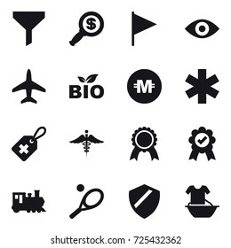 16 vector icon set : funnel, dollar magnifier, flag, eye, plane, bio, crypto currency, medal, train, tennis, handle washing