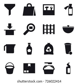 16 vector icon set : funnel, shopping bag, tools, cauldron, measuring cup, garbage bag, trash bin, bucket, package, washing powder, toilet cleanser