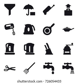 16 vector icon set : funnel, suitcase, baggage, mixer, kettle, pan, knife holder, hand mill, scissors, fork, water tap