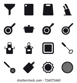 16 vector icon set : funnel, cutting board, stands for knives, pan, apron, whisk, skimmer