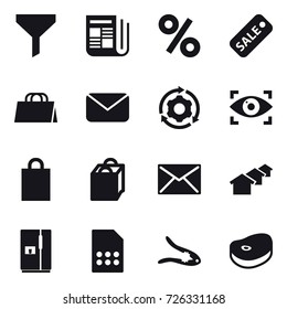 16 vector icon set : funnel, newspaper, percent, sale, shopping bag, mail, around gear, eye identity, houses, fridge, walnut crack