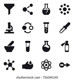16 vector icon set : funnel, molecule, round flask, round around, microscope, quantum bond, vial 16 vector icon set : funnel, molecule, round flask, round around, microscope, quantum bond, vial