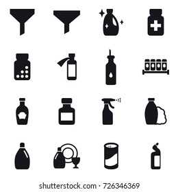 16 vector icon set : funnel, cleanser, pills bottle, sprayer, shampoo, dish cleanser, cleanser powder, toilet cleanser