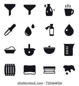 16 vector icon set : funnel, cleanser, hot drink, drop, washing, cauldron, measuring cup, barrel, sponge, spot