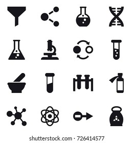 16 vector icon set : funnel, molecule, round flask, dna, flask, microscope, quantum bond, vial, fertilizer