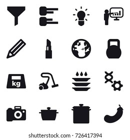 16 vector icon set : funnel, diagram, bulb, presentation, pencil, lipstick, vacuum cleaner, plate washing, pan, eggplant