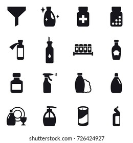 16 vector icon set : funnel, cleanser, pills bottle, sprayer, shampoo, dish cleanser, liquid soap, cleanser powder, toilet cleanser
