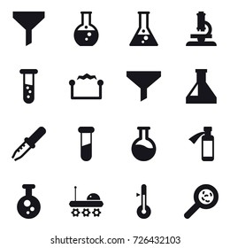 16 vector icon set : funnel, round flask, microscope, vial, electrostatic, thermometer, viruses