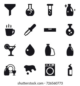 16 vector icon set : funnel, round flask, vial, cleanser, hot drink, level, cocktail, drop, shampoo, dish cleanser, spot, washing machine, toilet cleanser