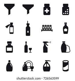 16 vector icon set : funnel, pills bottle, wine, sprayer, shampoo, cleanser, dish cleanser, liquid soap, cleanser powder