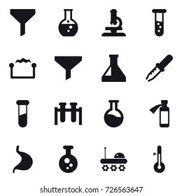 16 vector icon set : funnel, round flask, microscope, vial, electrostatic, thermometer