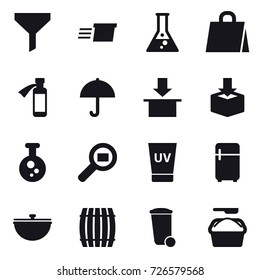 16 vector icon set : funnel, delivery, flask, shopping bag, uv cream, fridge, cauldron, barrel, trash bin, washing powder