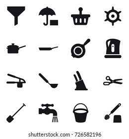 16 vector icon set : funnel, handwheel, saute pan, pan, kettle, garlic clasp, ladle, knife holder, scissors, shovel, water tap, bucket, toilet brush