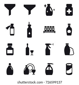 16 vector icon set : funnel, cleanser, pills bottle, wine, sprayer, shampoo, dish cleanser, liquid soap, cleanser powder