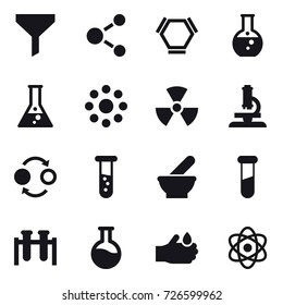 16 vector icon set : funnel, molecule, hex molecule, round flask, flask, round around, nuclear, microscope, quantum bond, vial