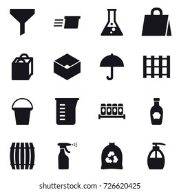16 vector icon set : funnel, delivery, flask, shopping bag, box, bucket, measuring cup, barrel, sprayer, garbage bag, liquid soap