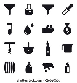 16 vector icon set : funnel, round flask, corkscrew, measuring cup, barrel, cleanser, spot, toilet cleanser