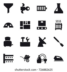 16 vector icon set : funnel, satellite, battery, dome house, radiator, toaster, repair tools, spatula, watering, wheelbarrow, dish cleanser, iron