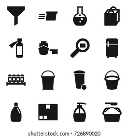 16 vector icon set : funnel, delivery, round flask, shopping bag, fridge, bucket, trash bin, cleanser, package, liquid soap, washing powder