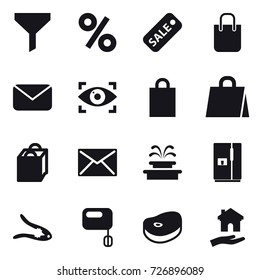 16 vector icon set : funnel, percent, sale, shopping bag, mail, eye identity, fountain, fridge, walnut crack, housing