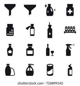 16 vector icon set : funnel, cleanser, pills bottle, wine, sprayer, shampoo, liquid soap, cleanser powder, toilet cleanser