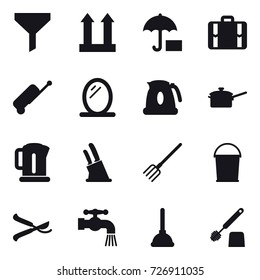 16 vector icon set : funnel, suitcase, mirror, kettle, saute pan, knife holder, fork, bucket, pruner, water tap, plunger, toilet brush