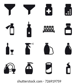 16 vector icon set : funnel, pills bottle, wine, sprayer, shampoo, cleanser, dish cleanser, liquid soap, cleanser powder, toilet cleanser