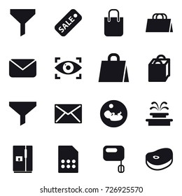 16 vector icon set : funnel, sale, shopping bag, mail, eye identity, fountain, fridge