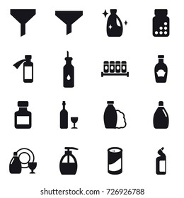 16 vector icon set : funnel, cleanser, pills bottle, wine, shampoo, dish cleanser, liquid soap, cleanser powder, toilet cleanser