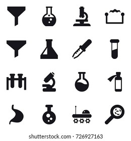 16 vector icon set : funnel, round flask, microscope, electrostatic, viruses