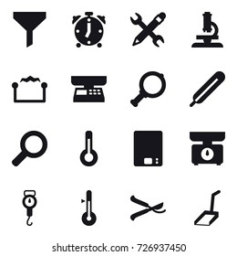 16 vector icon set : funnel, alarm clock, pencil wrench, microscope, electrostatic, market scales, magnifier, thermometer, kitchen scales, handle scales, pruner, scoop