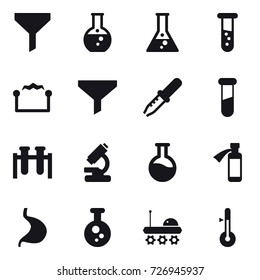 16 vector icon set : funnel, round flask, flask, vial, electrostatic, thermometer