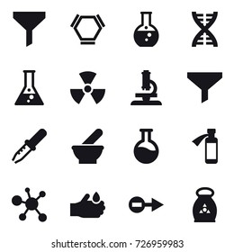 16 vector icon set : funnel, hex molecule, round flask, dna, flask, nuclear, microscope, fertilizer