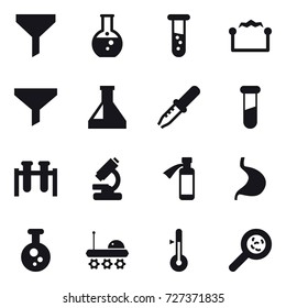16 vector icon set : funnel, round flask, vial, electrostatic, thermometer, viruses