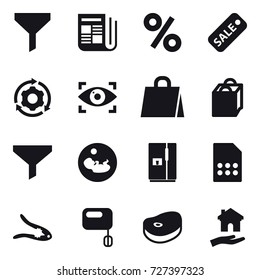 16 vector icon set : funnel, newspaper, percent, sale, around gear, eye identity, shopping bag, fridge, walnut crack, housing