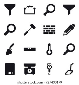 16 vector icon set : funnel, electrostatic, magnifier, brick wall, pencil, construction, level, thermometer, kitchen scales, handle scales, scoop