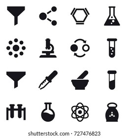 16 vector icon set : funnel, molecule, hex molecule, flask, round around, microscope, quantum bond, vial, fertilizer