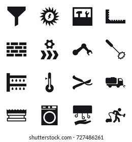 16 vector icon set : funnel, sun power, tools, ruler, brick wall, whisk, watering, thermometer, pruner, sweeper, sponge, washing machine, hand dryer, vacuum cleaner