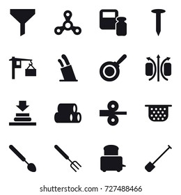 16 vector icon set : funnel, spinner, scales weight, nail, stands for knives, pan, colander, big spoon, big fork, shovel