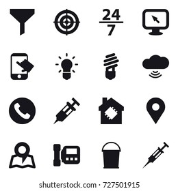 16 vector icon set : funnel, target, 24/7, monitor arrow, touch, bulb, cloud wireless, phone, smart house, map, intercome, bucket, syringe