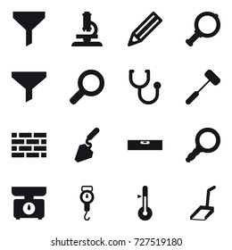 16 vector icon set : funnel, microscope, pencil, magnifier, brick wall, construction, level, kitchen scales, handle scales, thermometer, scoop