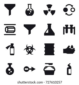 16 vector icon set : funnel, round flask, nuclear, quantum bond, nanotube, washing powder, toilet cleanser