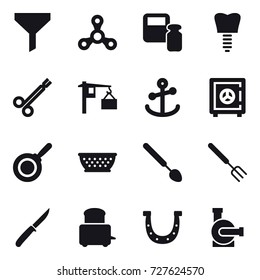 16 vector icon set : funnel, spinner, scales weight, safe, pan, kolander, big spoon, big fork, knife, horseshoe, water pump