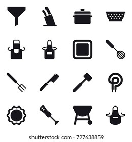 16 vector icon set : funnel, stands for knives, pan, kolander, apron, cutting board, whisk, big fork, chef knife, meat hammer
