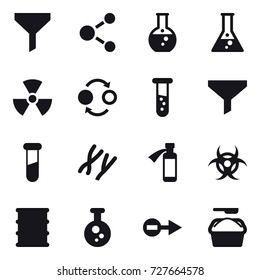 16 vector icon set : funnel, molecule, round flask, flask, nuclear, quantum bond, vial, washing powder