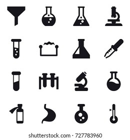 16 vector icon set : funnel, round flask, flask, microscope, vial, electrostatic, thermometer