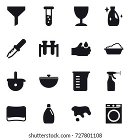 16 vector icon set : funnel, vial, wineglass, cleanser, washing, cauldron, measuring cup, sprayer, sponge, spot, washing machine