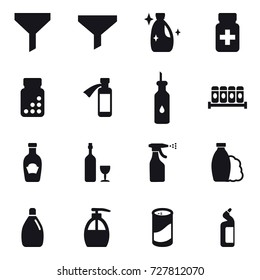 16 vector icon set : funnel, cleanser, wine, sprayer, shampoo, liquid soap, cleanser powder, toilet cleanser